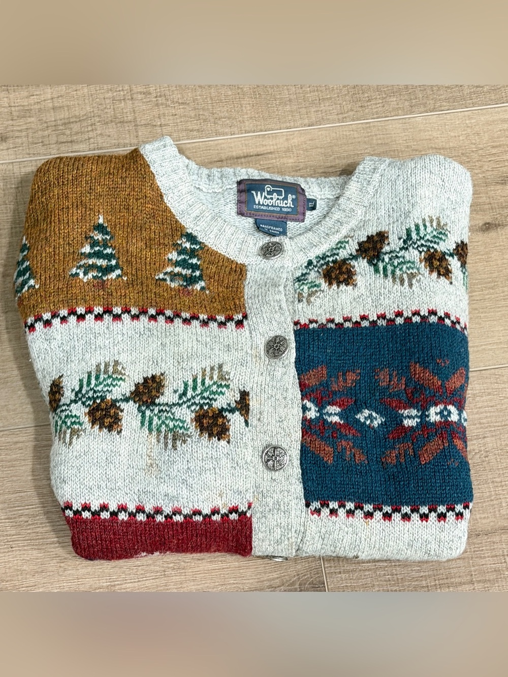 Vintage Woolrich Sweater Women XL Gray Wool Cardigan Fair Isle Deer Mountain 90s - Picture 4 of 13